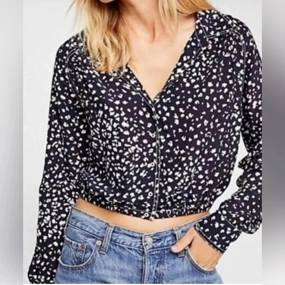 Free People Navy Printed Button Down Crop Top Blue White Size XS